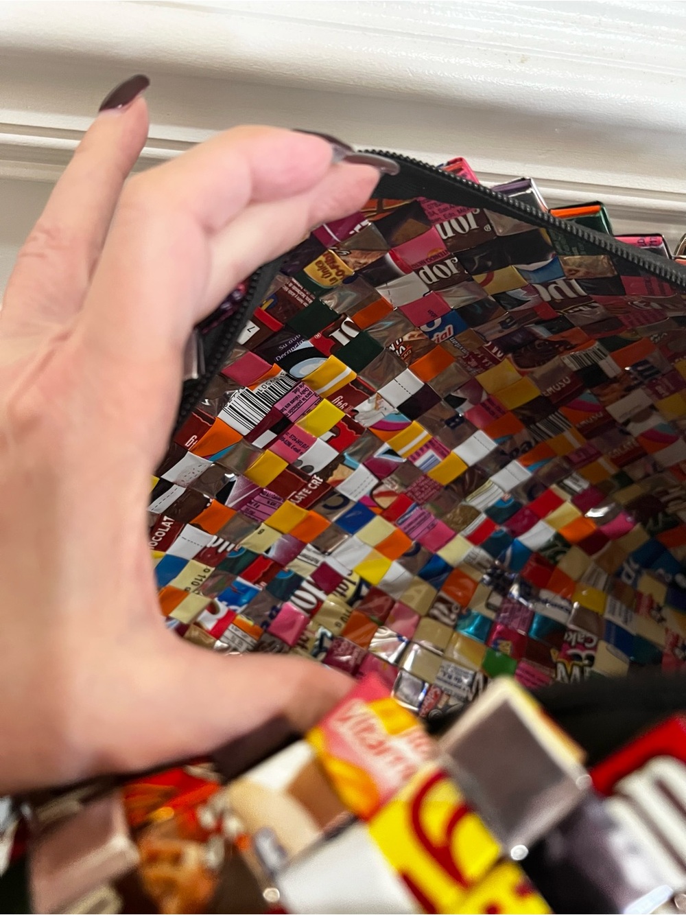 Recycled, Patchwork Hand Woven Candy Wrappers Structured Large Satchel. - Picture 12 of 17